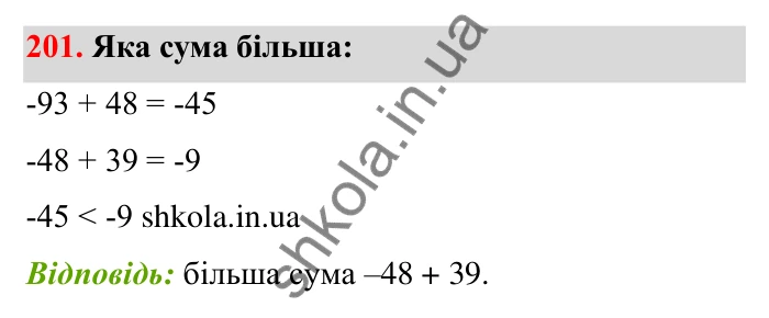 Завдання 201 Відповідь до завдання 201 (с. 48) з математики для 6 класу (Бевз, 2023): Додавання цілих чисел. Закони додавання