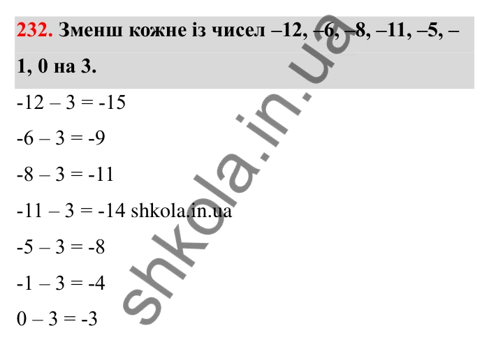 Відповідь до завдання 232 (с. 51) з математики для 6 класу (Бевз, 2023): Віднімання цілих чисел