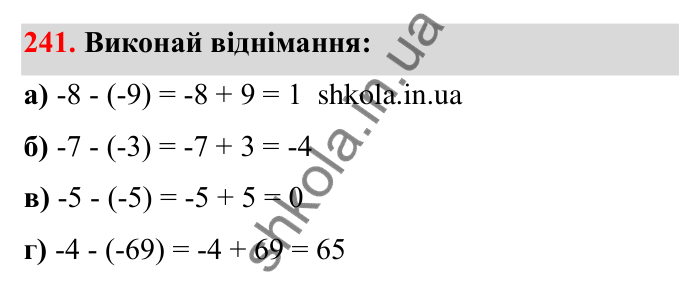 Відповідь до завдання 241 (с. 52) з математики для 6 класу (Бевз, 2023): Віднімання цілих чисел