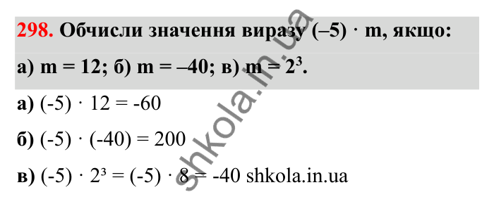 Завдання 298 Відповідь до завдання 298 (с. 59) з математики для 6 класу (Бевз, 2023): Множення цілих чисел. Властивості множення