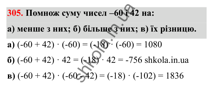 Відповідь до завдання 305 (с. 59) з математики для 6 класу (Бевз, 2023): Множення цілих чисел. Властивості множення