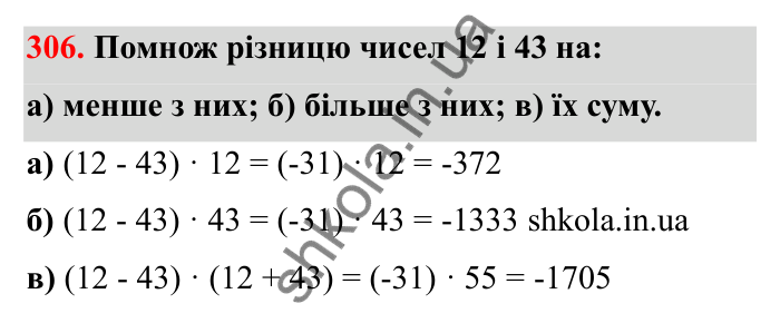 Відповідь до завдання 306 (с. 59) з математики для 6 класу (Бевз, 2023): Множення цілих чисел. Властивості множення