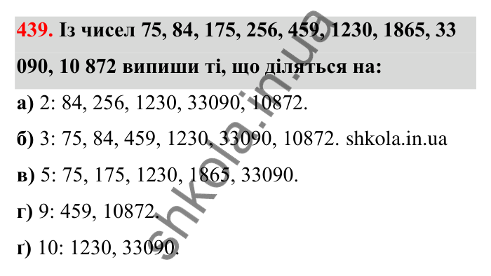 Відповідь до завдання 439 (с. 75) з математики для 6 класу (Бевз, 2023): Ознаки подільності. Розкладання чисел на прості...