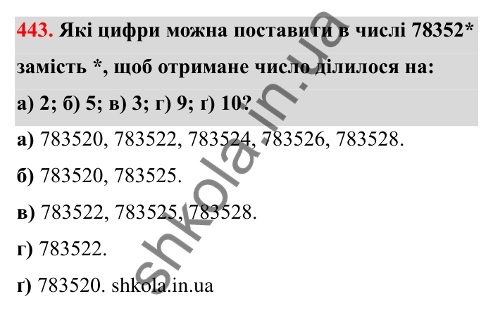 Відповідь до завдання 443 (с. 76) з математики для 6 класу (Бевз, 2023): Ознаки подільності. Розкладання чисел на прості...