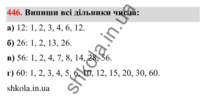 Завдання 446 Відповідь до завдання 446 (с. 76) з математики для 6 класу (Бевз, 2023): Ознаки подільності. Розкладання чисел на прості...