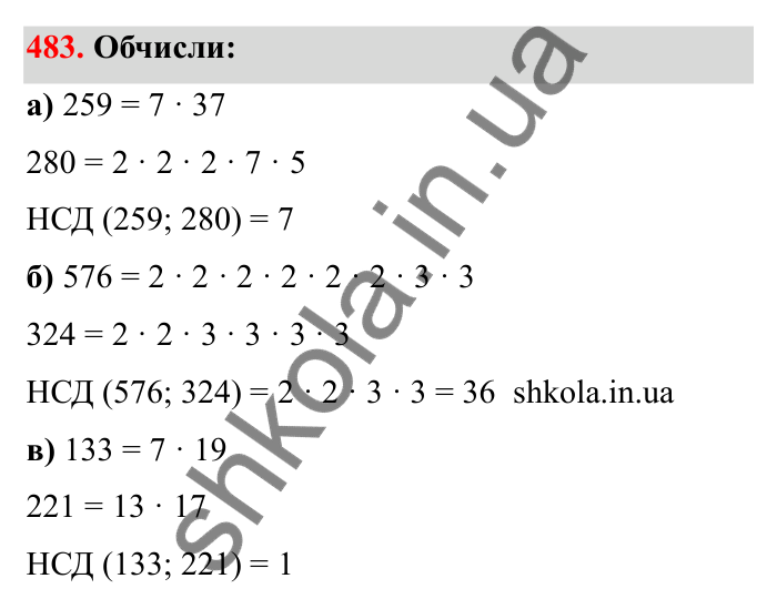 Відповідь до завдання 483 (с. 80) з математики для 6 класу (Бевз, 2023): Найбільший спільний дільник