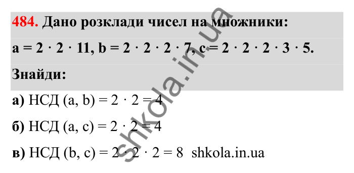 Завдання 484 Відповідь до завдання 484 (с. 80) з математики для 6 класу (Бевз, 2023): Найбільший спільний дільник