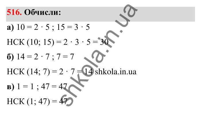 Відповідь до завдання 516 (с. 85) з математики для 6 класу (Бевз, 2023): Найменше спільне кратне
