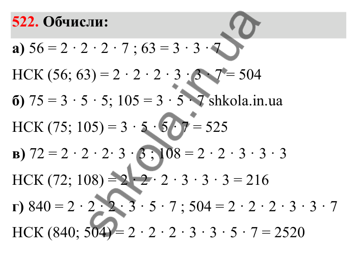 Відповідь до завдання 522 (с. 85) з математики для 6 класу (Бевз, 2023): Найменше спільне кратне