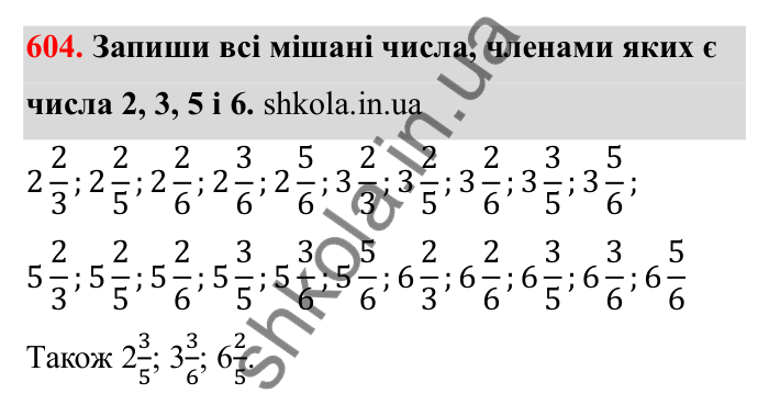 Відповідь до завдання 604 (с. 96) з математики для 6 класу (Бевз, 2023): Звичайні дроби з рівними знаменниками. Мішані числа