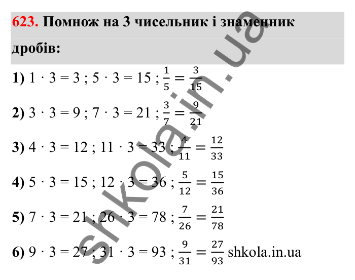 Відповідь до завдання 623 (с. 99) з математики для 6 класу (Бевз, 2023): Основна властивість дробу