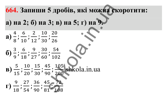 Відповідь до завдання 664 (с. 105) з математики для 6 класу (Бевз, 2023): Скорочення дробів