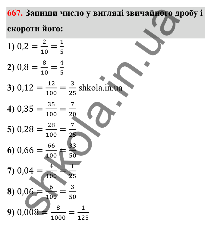 Відповідь до завдання 667 (с. 105) з математики для 6 класу (Бевз, 2023): Скорочення дробів