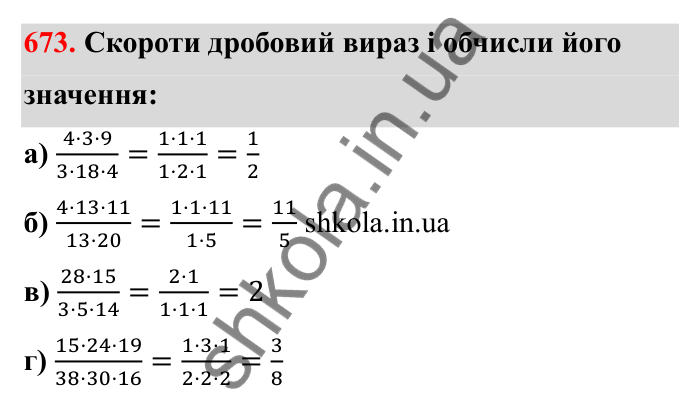 Завдання 673 Відповідь до завдання 673 (с. 106) з математики для 6 класу (Бевз, 2023): Скорочення дробів