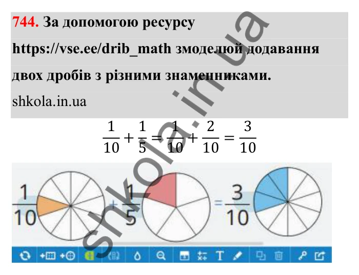 Відповідь до завдання 744 (с. 117) з математики для 6 класу (Бевз, 2023): Додавання і віднімання дробів та мішаних чисел