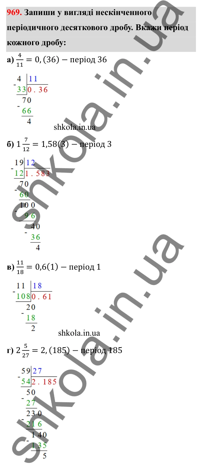 Відповідь до завдання 969 (с. 149) з математики для 6 класу (Бевз, 2023): Перетворення звичайних дробів у десяткові