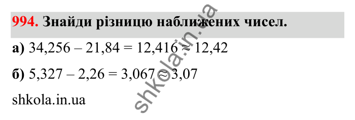 Завдання 994 Відповідь до завдання 994 (с. 153) з математики для 6 класу (Бевз, 2023): Наближені значення та дії над ними