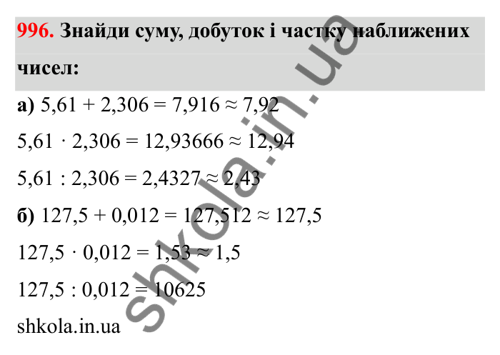 Відповідь до завдання 996 (с. 154) з математики для 6 класу (Бевз, 2023): Наближені значення та дії над ними