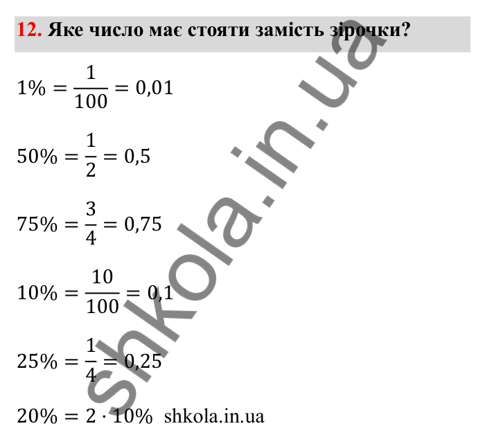 Відповідь до завдання 12 (с. 19) з математики для 6 класу (Бевз, 2023): Повторення за 5 клас. Десяткові дроби. Відсоткові...
