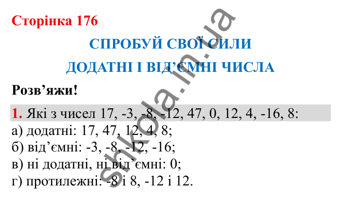 Спробуй свої сили (с. 176), Розв’яжи № 1 Відповідь до завдання 1 (с. 176) з математики для 6 класу (Бевз, 2023): Спробуй свої сили. Розв’яжи: Додатні і від’ємні числа