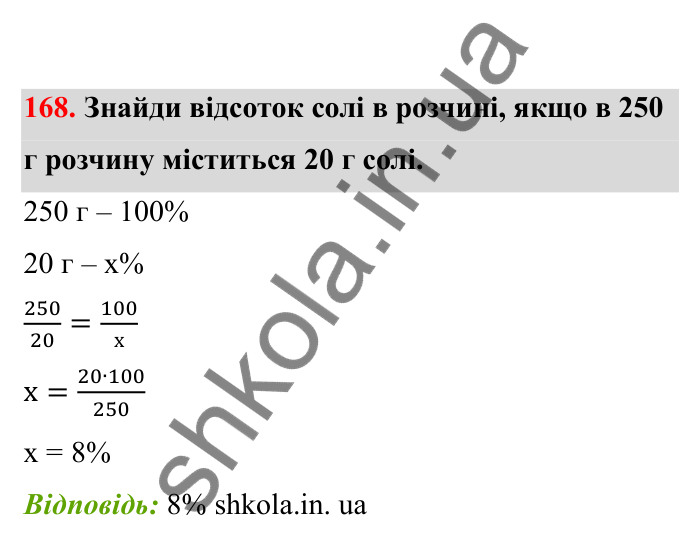 Відповідь до завдання 168 (с. 39) з математики для 6 класу (Бевз, 2023), частина 2: Відсоткове відношення