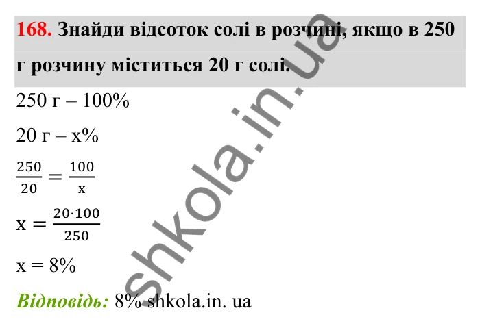 Завдання 168 Відповідь до завдання 168 (с. 39) з математики для 6 класу (Бевз, 2023), частина 2: Відсоткове відношення