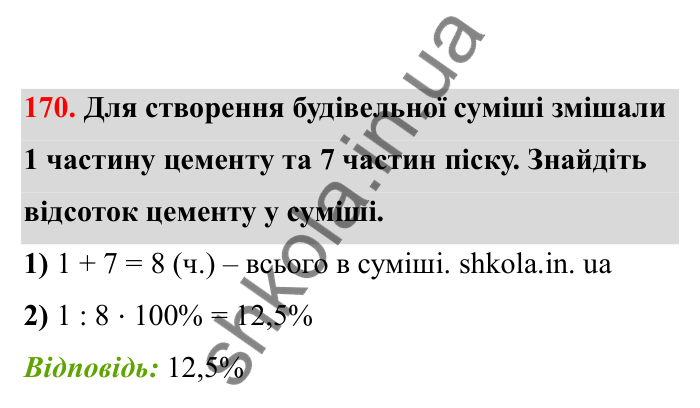 Відповідь до завдання 170 (с. 39) з математики для 6 класу (Бевз, 2023), частина 2: Відсоткове відношення
