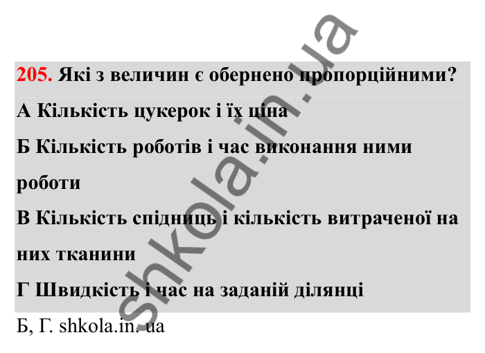 Відповідь до завдання 205 (с. 44) з математики для 6 класу (Бевз, 2023), частина 2: Прямо пропорційні та обернено...