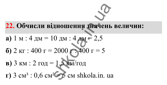 Відповідь до завдання 22 (с. 15) з математики для 6 класу (Бевз, 2023), частина 2: Відношення