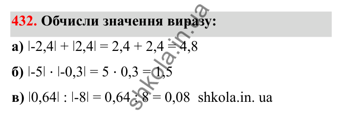 Завдання 432 Відповідь до завдання 432 (с. 79) з математики для 6 класу (Бевз, 2023), частина 2: Раціональні числа
