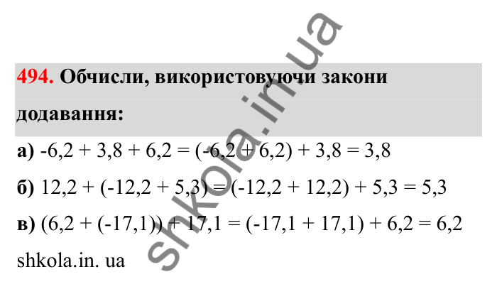 Відповідь до завдання 494 (с. 87) з математики для 6 класу (Бевз, 2023), частина 2: Додавання раціональних чисел