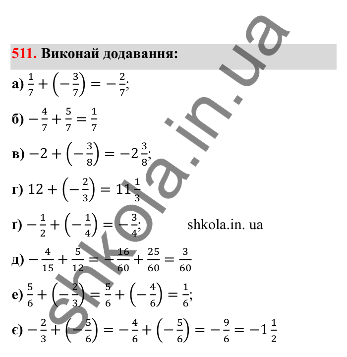 Відповідь до завдання 511 (с. 88) з математики для 6 класу (Бевз, 2023), частина 2: Додавання раціональних чисел