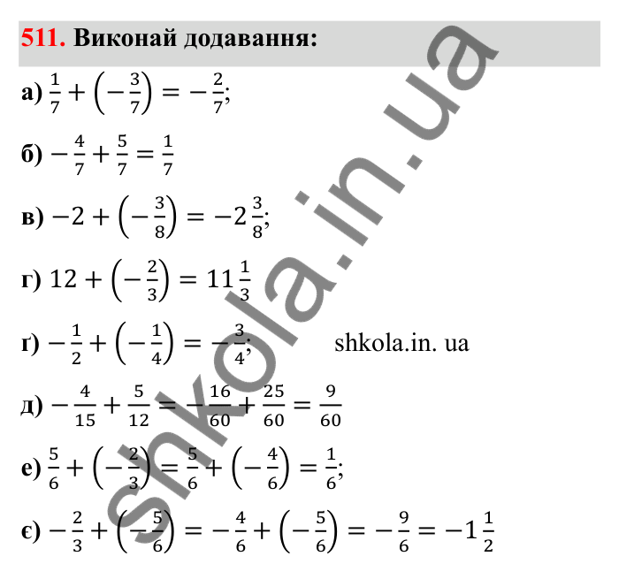 Завдання 511 Відповідь до завдання 511 (с. 88) з математики для 6 класу (Бевз, 2023), частина 2: Додавання раціональних чисел