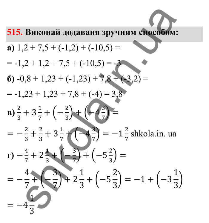Відповідь до завдання 515 (с. 88) з математики для 6 класу (Бевз, 2023), частина 2: Додавання раціональних чисел