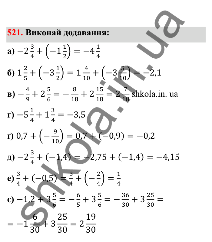 Відповідь до завдання 521 (с. 89) з математики для 6 класу (Бевз, 2023), частина 2: Додавання раціональних чисел