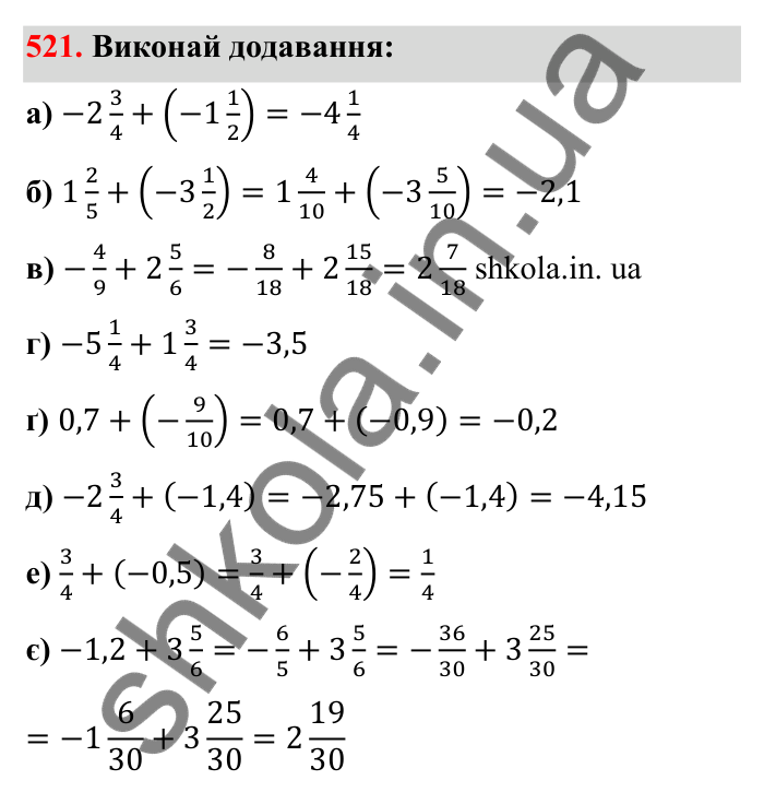 Завдання 521 Відповідь до завдання 521 (с. 89) з математики для 6 класу (Бевз, 2023), частина 2: Додавання раціональних чисел