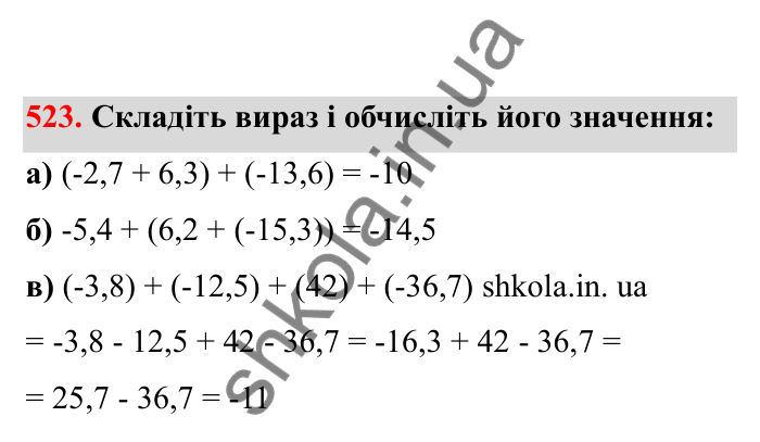 Відповідь до завдання 523 (с. 89) з математики для 6 класу (Бевз, 2023), частина 2: Додавання раціональних чисел
