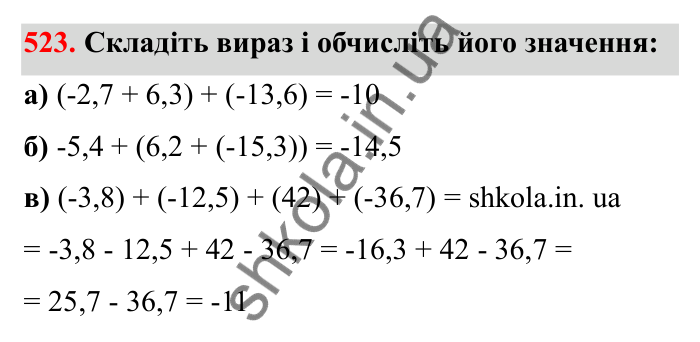 Завдання 523 Відповідь до завдання 523 (с. 89) з математики для 6 класу (Бевз, 2023), частина 2: Додавання раціональних чисел