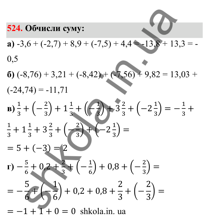 Відповідь до завдання 524 (с. 89) з математики для 6 класу (Бевз, 2023), частина 2: Додавання раціональних чисел