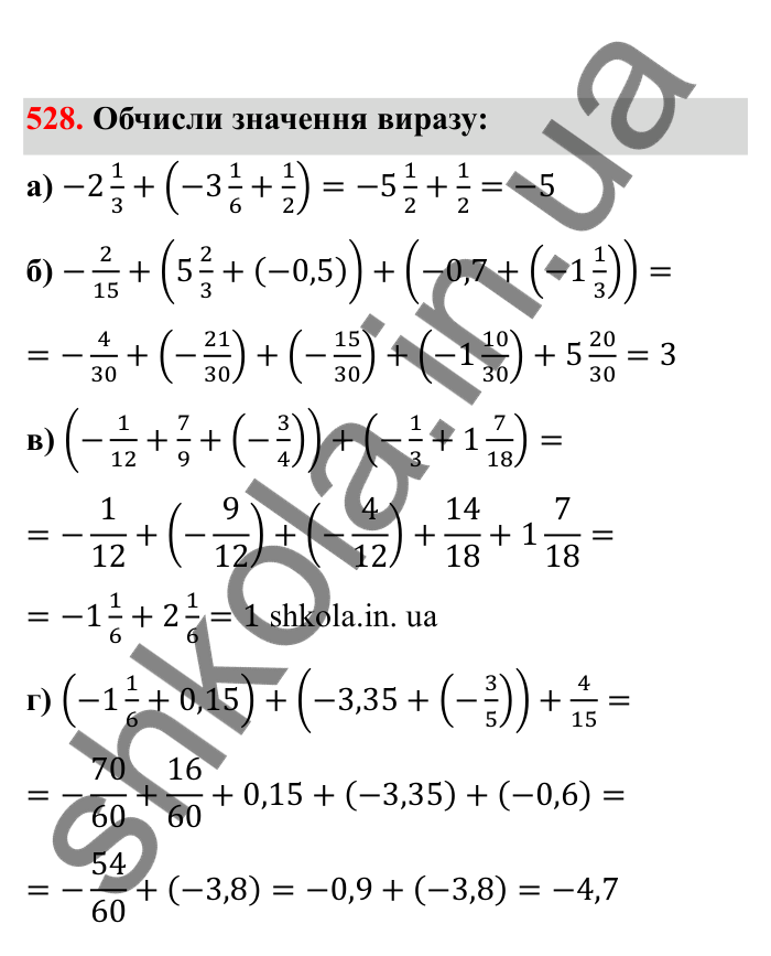 Відповідь до завдання 528 (с. 90) з математики для 6 класу (Бевз, 2023), частина 2: Додавання раціональних чисел