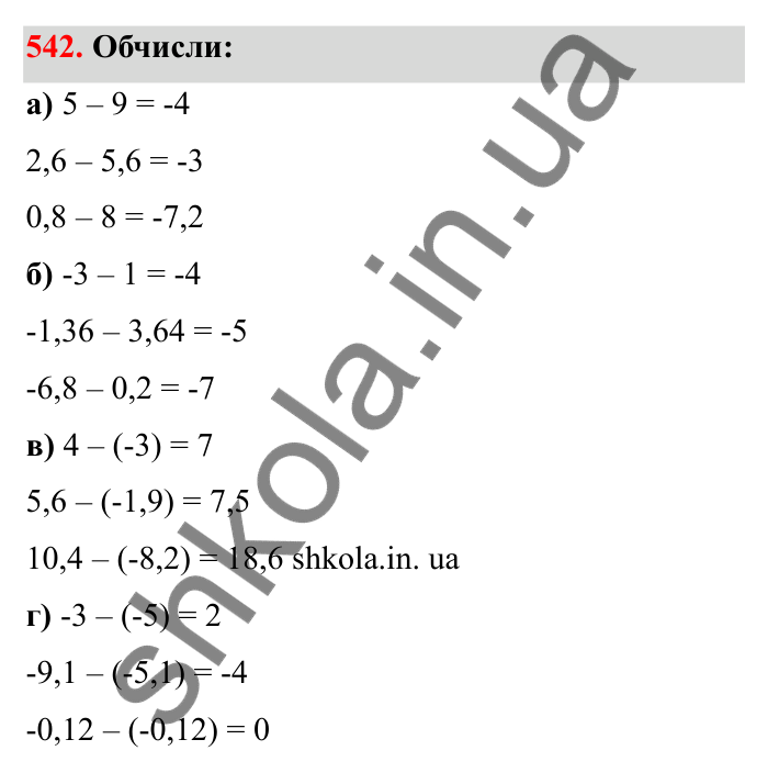 Відповідь до завдання 542 (с. 93) з математики для 6 класу (Бевз, 2023), частина 2: Віднімання раціональних чисел