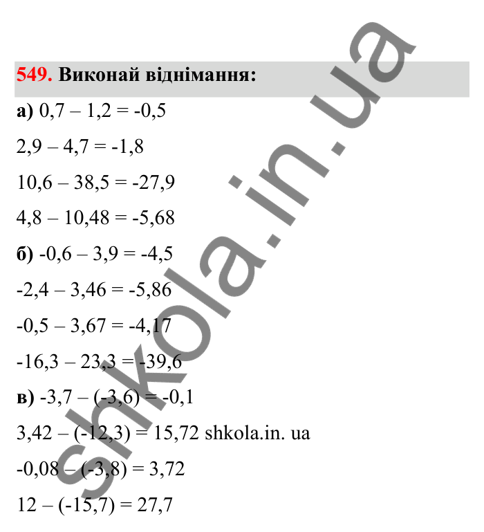 Відповідь до завдання 549 (с. 93) з математики для 6 класу (Бевз, 2023), частина 2: Віднімання раціональних чисел