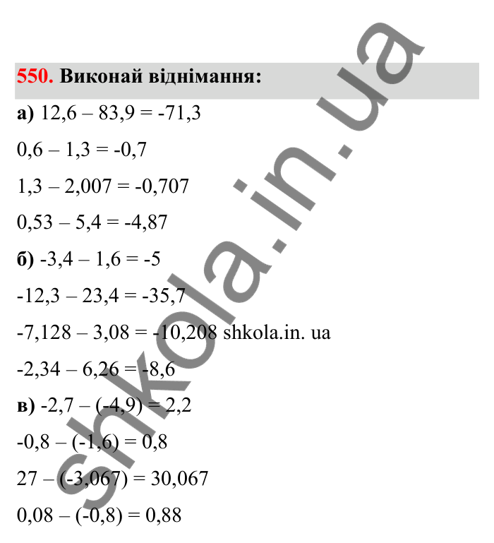 Відповідь до завдання 550 (с. 93) з математики для 6 класу (Бевз, 2023), частина 2: Віднімання раціональних чисел