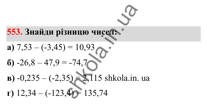 Відповідь до завдання 553 (с. 94) з математики для 6 класу (Бевз, 2023), частина 2: Віднімання раціональних чисел