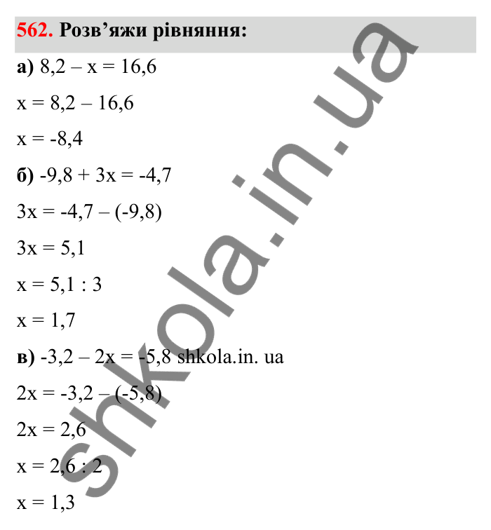Завдання 562 Відповідь до завдання 562 (с. 94) з математики для 6 класу (Бевз, 2023), частина 2: Віднімання раціональних чисел