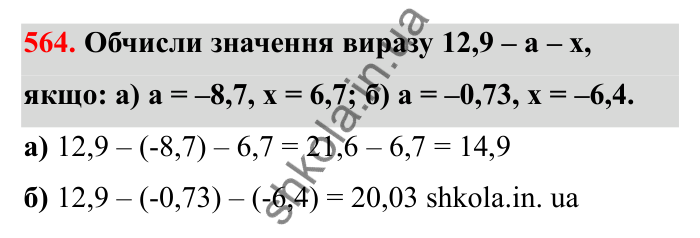 Завдання 564 Відповідь до завдання 564 (с. 95) з математики для 6 класу (Бевз, 2023), частина 2: Віднімання раціональних чисел