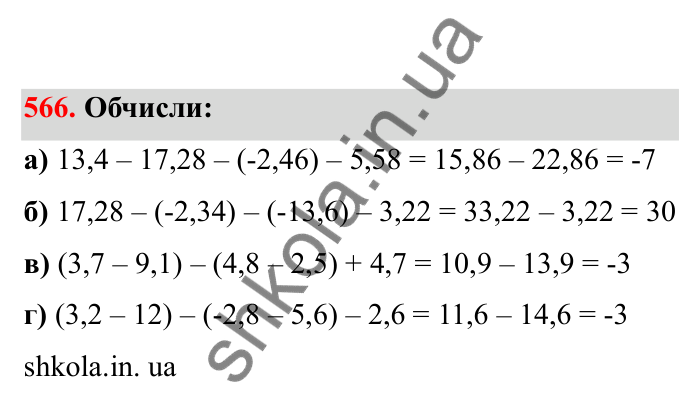 Відповідь до завдання 566 (с. 95) з математики для 6 класу (Бевз, 2023), частина 2: Віднімання раціональних чисел