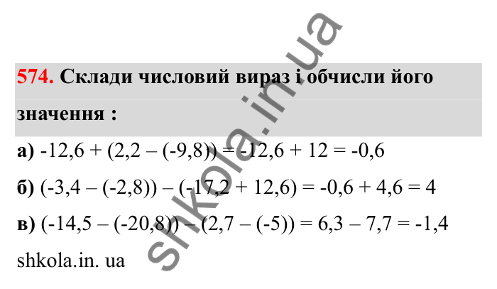 Відповідь до завдання 574 (с. 96) з математики для 6 класу (Бевз, 2023), частина 2: Віднімання раціональних чисел