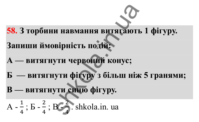 Відповідь до завдання 58 (с. 21) з математики для 6 класу (Бевз, 2023), частина 2: Ймовірність випадкової події
