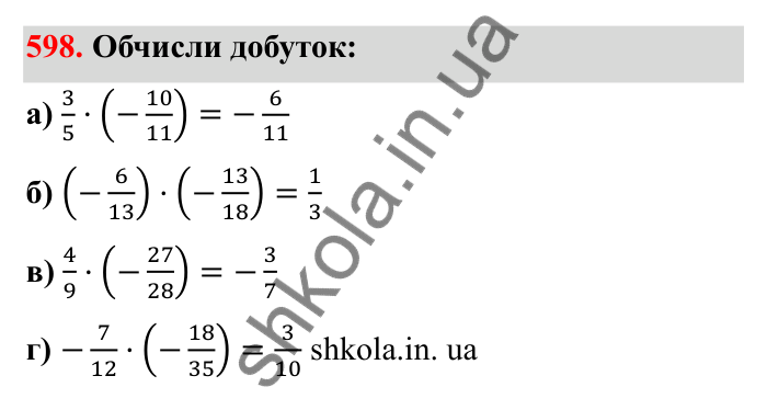Завдання 598 Відповідь до завдання 598 (с. 99) з математики для 6 класу (Бевз, 2023), частина 2: Множення раціональних чисел